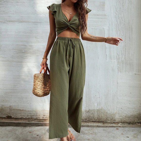 COPY - Boho Vacation outfit set, army green ruffle trim twist top with pants - Picture 2 of 7